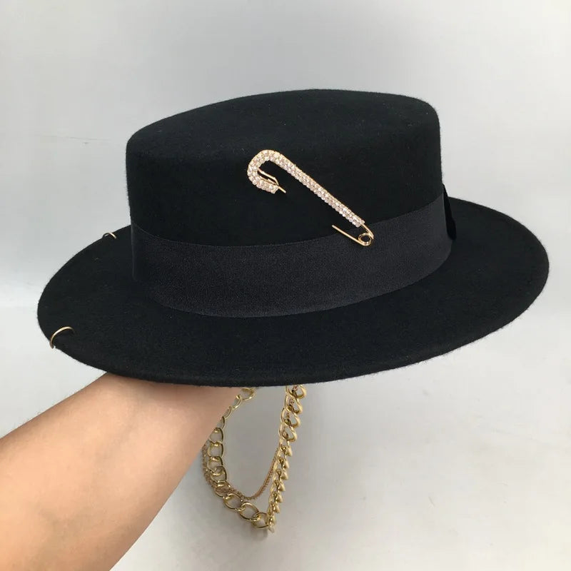 USPOP Brand Hats Winter Women Black  Wool Fedoras Fashion Pin-decorated Wool Hat with Metal Chain