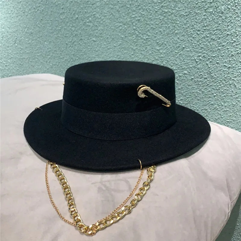 USPOP Brand Hats Winter Women Black  Wool Fedoras Fashion Pin-decorated Wool Hat with Metal Chain