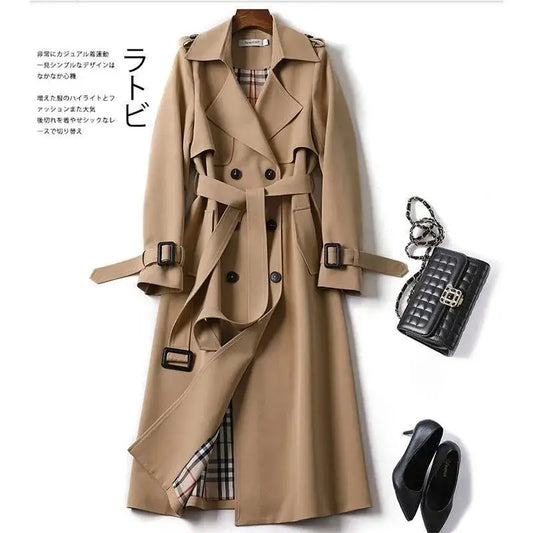 2021 Women Trench Elegant Coat With Belt Autumn Winter Double Breasted Solid Cloak Korean Style Windbreaker Womens Middle Long
