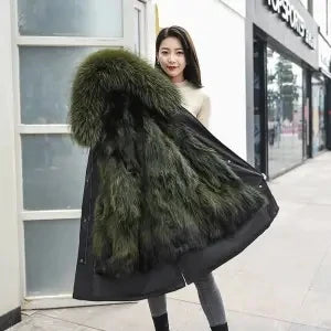 HANZANGL Women Fur Coat 2022 Winter New Real Raccoon Fox Fur Detachable Liner Long Parkas Women Clothing 12 Color  S-4XL