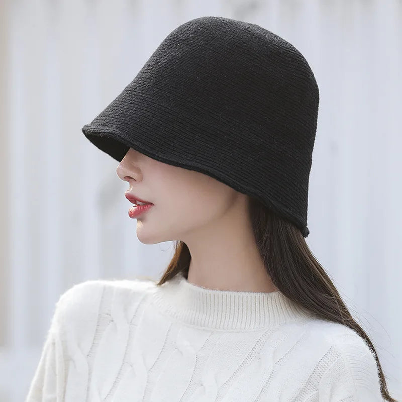 X093 New Fisherman's Hat for Women  Winter Warm Knitted Hat Covers Her Face Japanese Bucket Basin Hat Literary Brim Caps