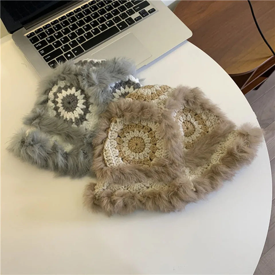 2021 Handmade hook flower 100% Natural Fur Hats Knitted Warm Genuine Mink Fur Cap Russian Women Luxury Panama Fur Hat wool kpop