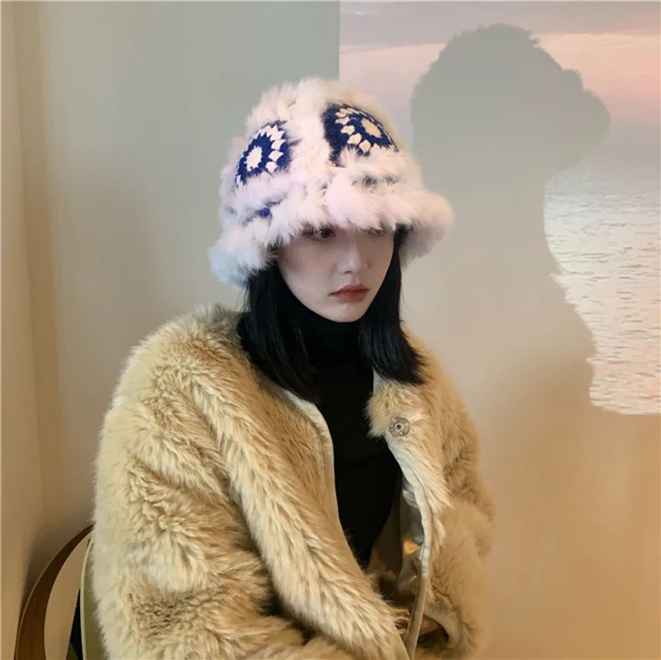 2021 Handmade hook flower 100% Natural Fur Hats Knitted Warm Genuine Mink Fur Cap Russian Women Luxury Panama Fur Hat wool kpop