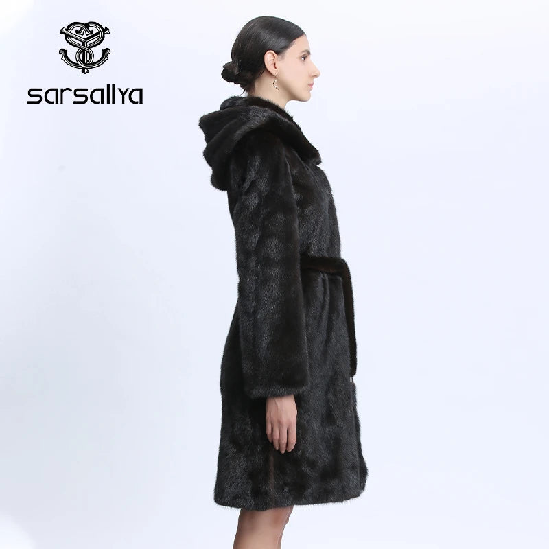 Mink Coats Women Natural Mink Jacket With Hood Female Real Mink Fur Coat With Belt Ladies Winter Warm Genuine Fur Coat Luxury