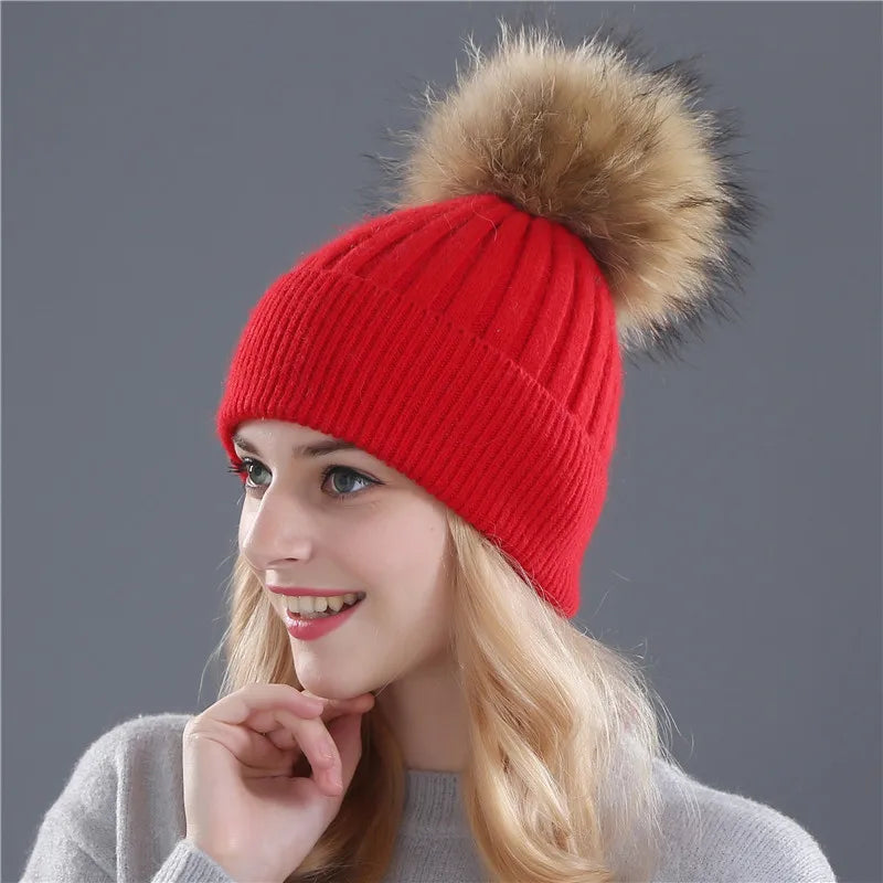 Xthree Winter Knitted Hat Cashmere Beanies  With Real Raccoon Fur Pom Poms Skullies Hat for Women Girls Hat Feminino