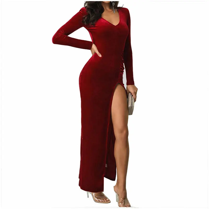 Autumn Burgundy Women Velvet Maxi Dresses Casual Long Sleeve High Elastic Bodycon Dress Vintage Sexy V-Neck Party Long Dresses