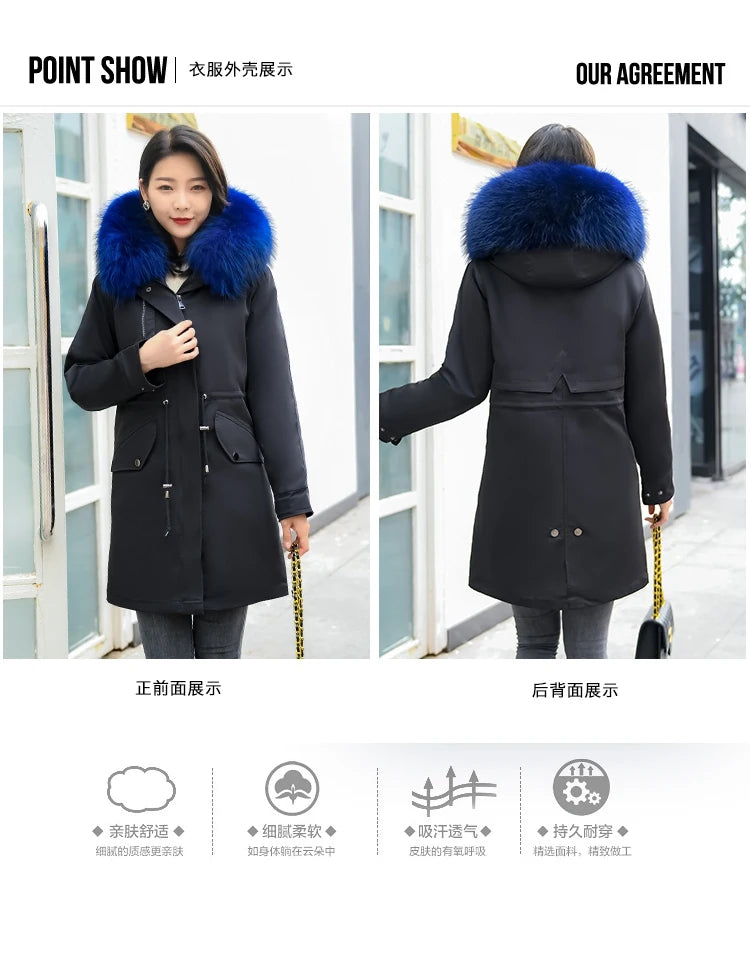 HANZANGL Women Fur Coat 2022 Winter New Real Raccoon Fox Fur Detachable Liner Long Parkas Women Clothing 12 Color  S-4XL