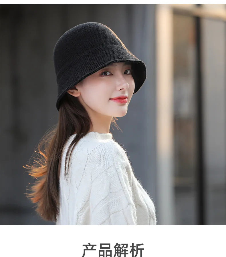 X093 New Fisherman's Hat for Women  Winter Warm Knitted Hat Covers Her Face Japanese Bucket Basin Hat Literary Brim Caps