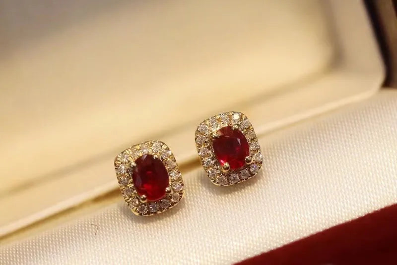 Aazuo Real 18K Yellow Gold Natural Ruby 0.40ct Real Diamonds Square Stud Earrings gifted for Women Engagement Wedding Party
