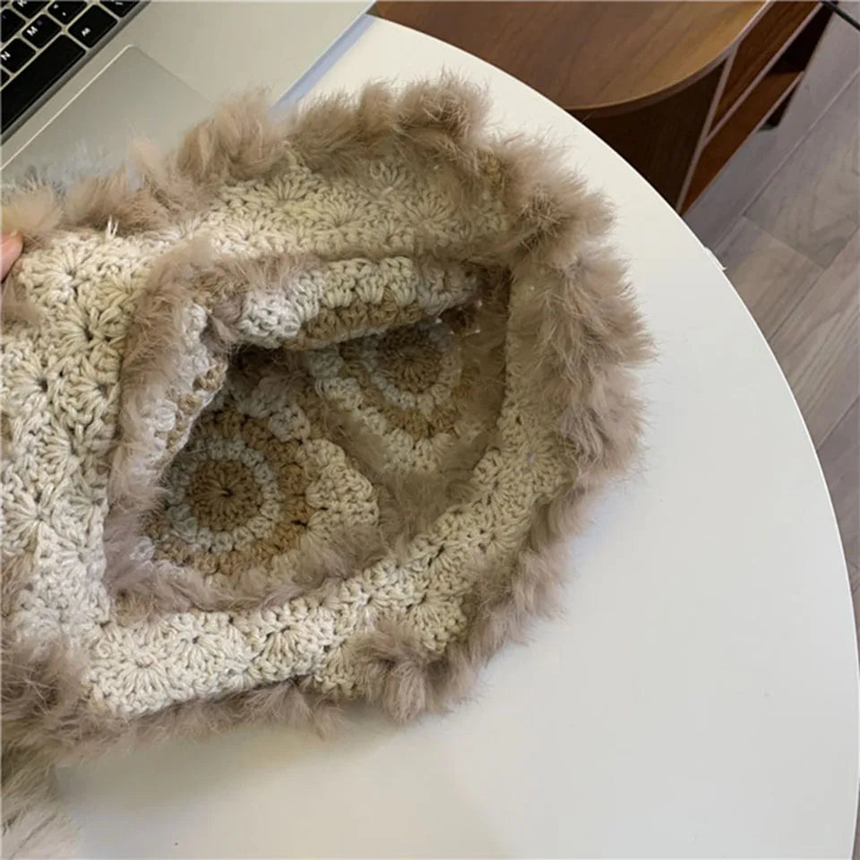 2021 Handmade hook flower 100% Natural Fur Hats Knitted Warm Genuine Mink Fur Cap Russian Women Luxury Panama Fur Hat wool kpop