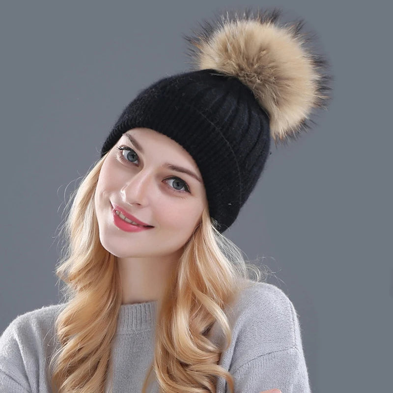 Xthree Winter Knitted Hat Cashmere Beanies  With Real Raccoon Fur Pom Poms Skullies Hat for Women Girls Hat Feminino