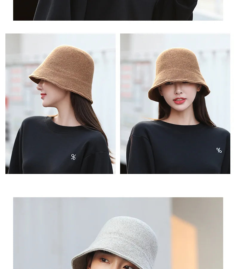 X093 New Fisherman's Hat for Women  Winter Warm Knitted Hat Covers Her Face Japanese Bucket Basin Hat Literary Brim Caps