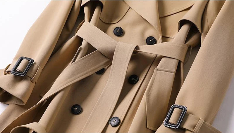 2021 Women Trench Elegant Coat With Belt Autumn Winter Double Breasted Solid Cloak Korean Style Windbreaker Womens Middle Long
