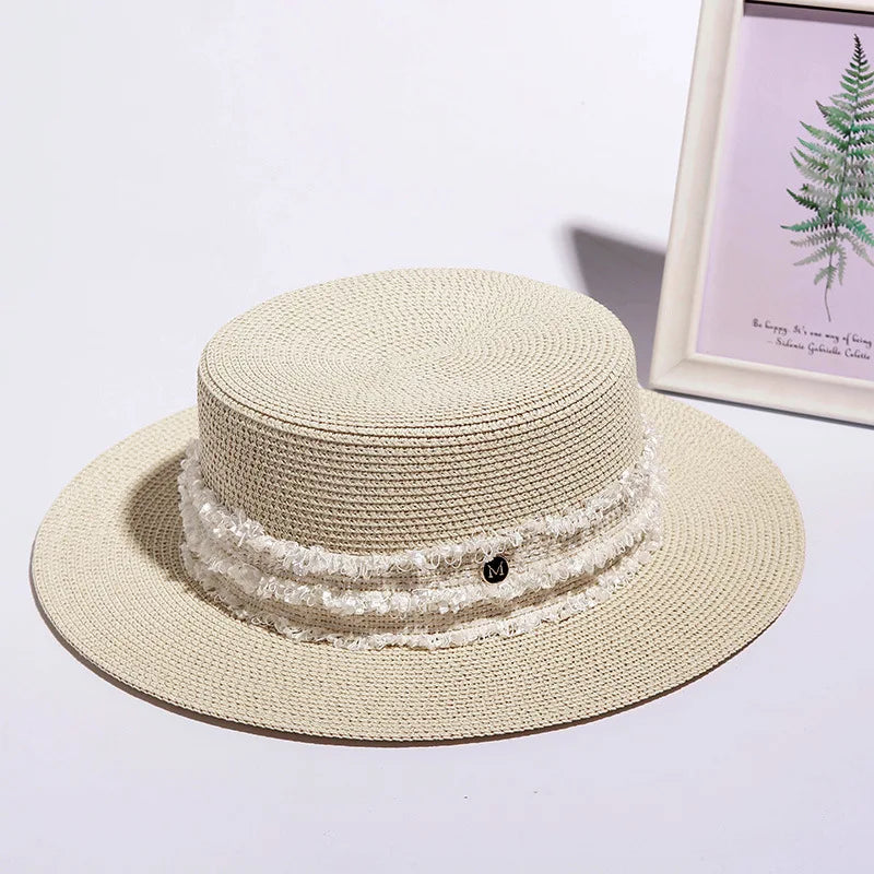 NEW Letter M Straw Hat Lady Black British Style Cap Beach White Women Flat Top  Female Wide Brim Outdoor Sunhat