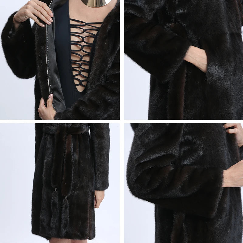 Mink Coats Women Natural Mink Jacket With Hood Female Real Mink Fur Coat With Belt Ladies Winter Warm Genuine Fur Coat Luxury