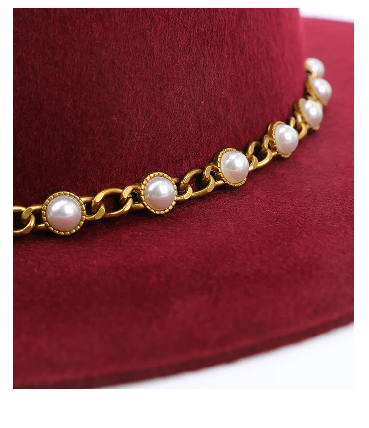 USPOP Autumn Winter Women Wool Fedoras Female Casual Pearl Chain Red Fedora Hat