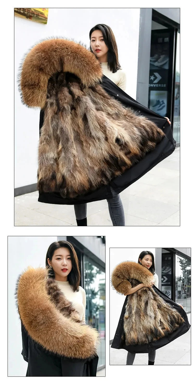 HANZANGL Women Fur Coat 2022 Winter New Real Raccoon Fox Fur Detachable Liner Long Parkas Women Clothing 12 Color  S-4XL