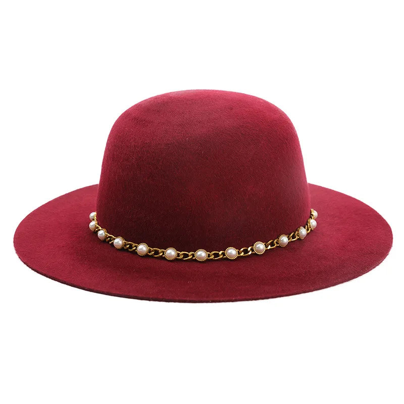 USPOP Autumn Winter Women Wool Fedoras Female Casual Pearl Chain Red Fedora Hat