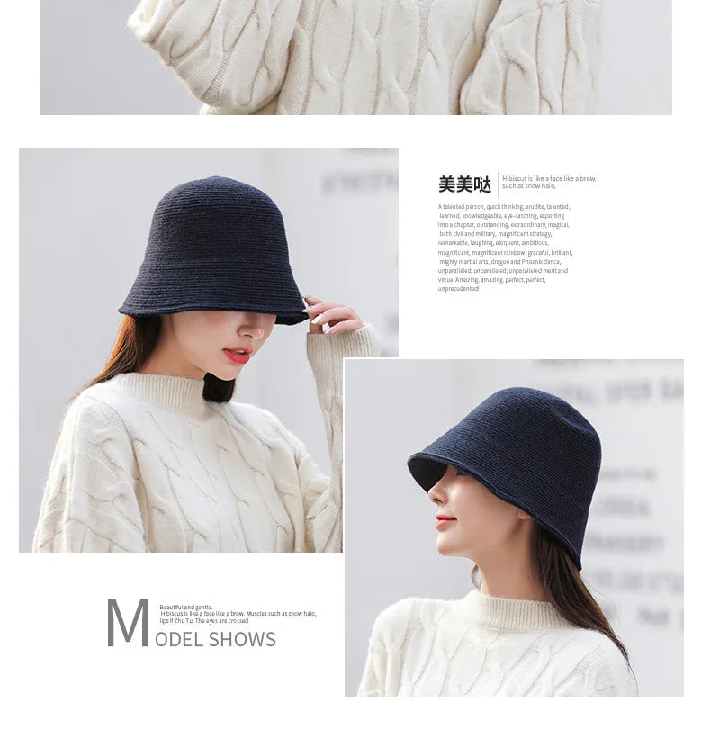 X093 New Fisherman's Hat for Women  Winter Warm Knitted Hat Covers Her Face Japanese Bucket Basin Hat Literary Brim Caps