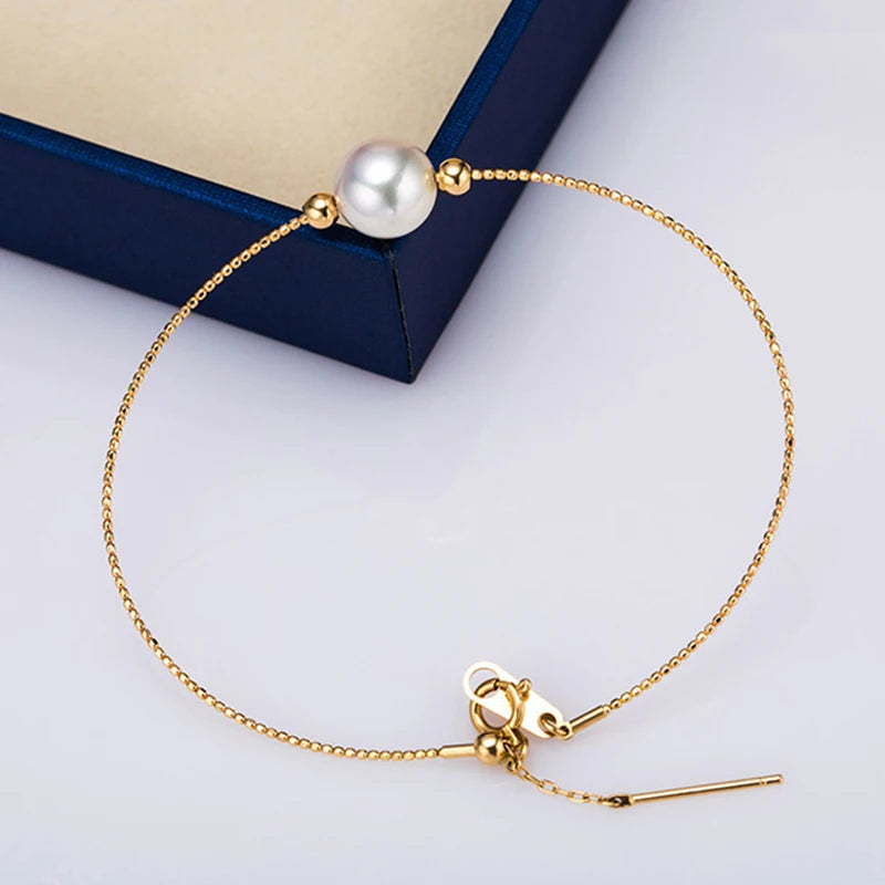 Sinya Natural Pearl 18k Gold Beads Au750 Jewelry Bangles Can Adjust Wear Length DIY Jewellery for Women Girl Mum Lover
