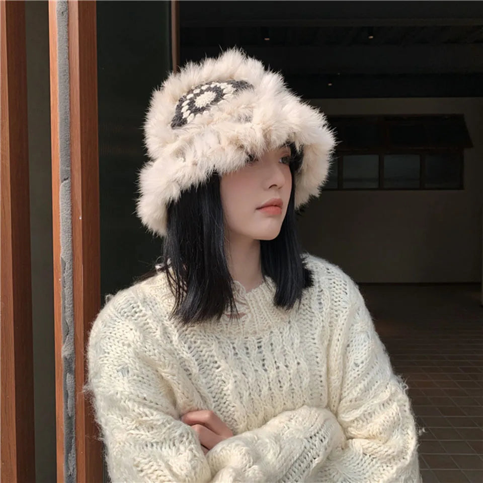 2021 Handmade hook flower 100% Natural Fur Hats Knitted Warm Genuine Mink Fur Cap Russian Women Luxury Panama Fur Hat wool kpop