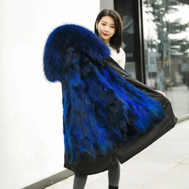 HANZANGL Women Fur Coat 2022 Winter New Real Raccoon Fox Fur Detachable Liner Long Parkas Women Clothing 12 Color  S-4XL