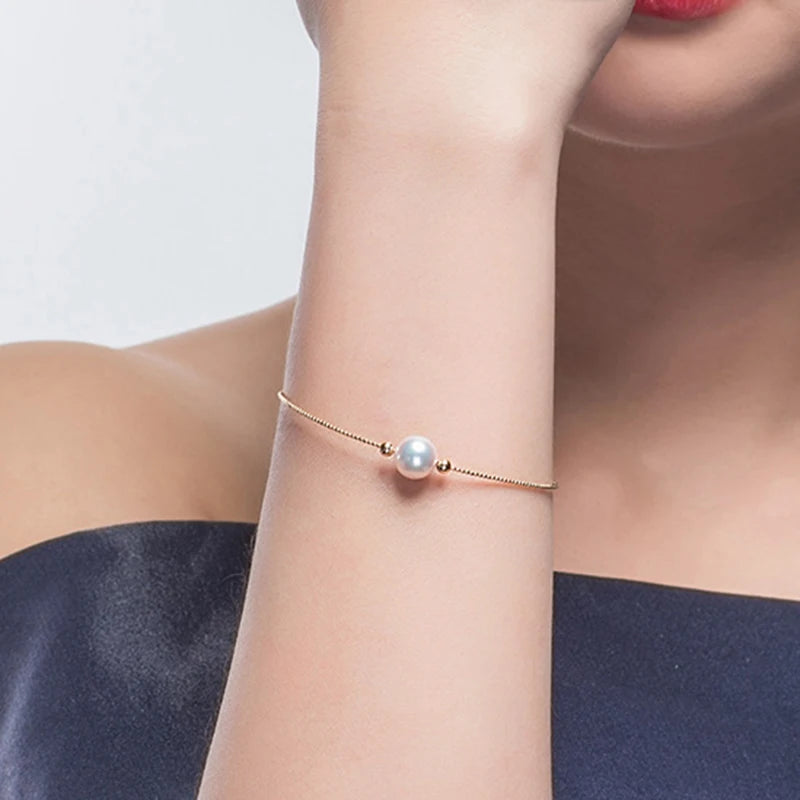 Sinya Natural Pearl 18k Gold Beads Au750 Jewelry Bangles Can Adjust Wear Length DIY Jewellery for Women Girl Mum Lover