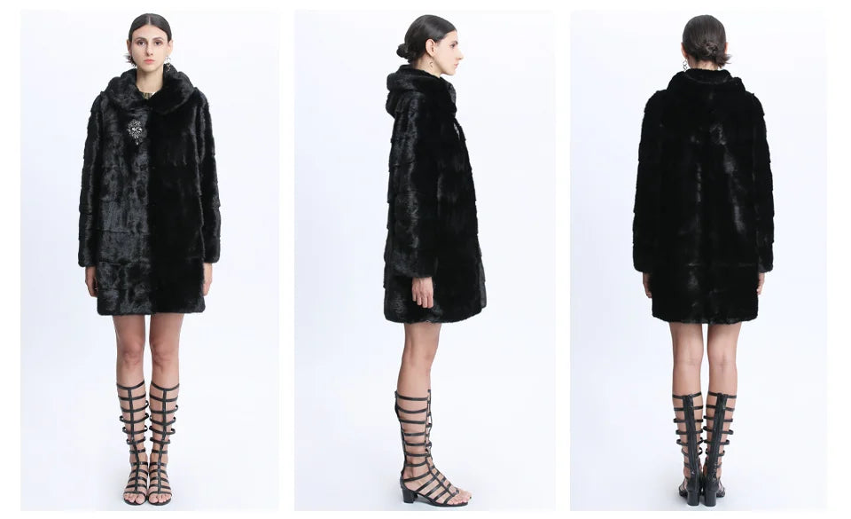 Real Mink Fur Coat Women Winter Natural Mink Coats Hood Genuine Fur Mink Jackets Plus Size Long Vintage Thick Warm Outwear 2024