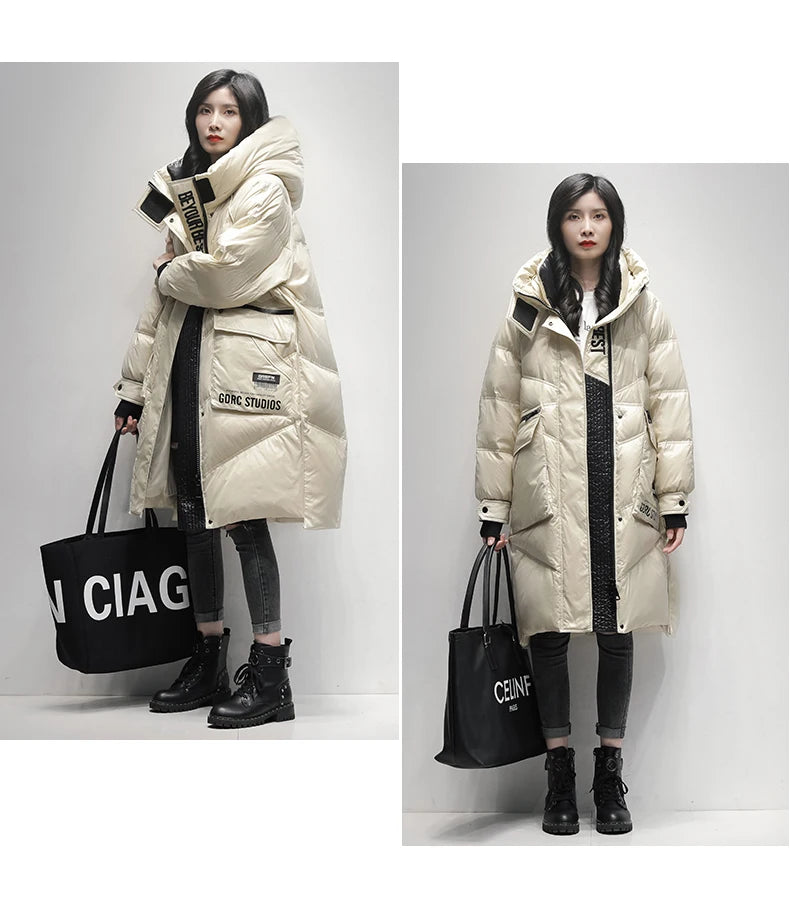 Winter Black Long 90% White Duck down Jacket Women Streetwear 2024 New Fashion Loose Letter Windproof Parkas Hooded Down Coats