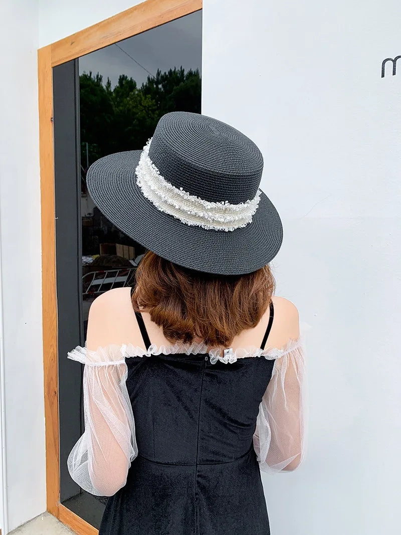 NEW Letter M Straw Hat Lady Black British Style Cap Beach White Women Flat Top  Female Wide Brim Outdoor Sunhat