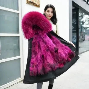 HANZANGL Women Fur Coat 2022 Winter New Real Raccoon Fox Fur Detachable Liner Long Parkas Women Clothing 12 Color  S-4XL