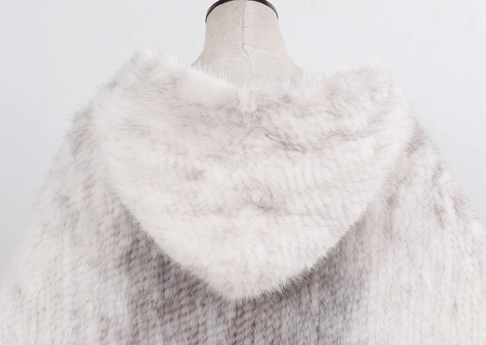Hot Sale Women Natural Mink Fur Hooded Pashmina Coat 100% Genuine Mink Fur Shawl Lady Luxury Hand Knitted Real Mink Fur Poncho