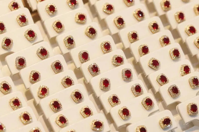 Aazuo Real 18K Yellow Gold Natural Ruby 0.40ct Real Diamonds Square Stud Earrings gifted for Women Engagement Wedding Party