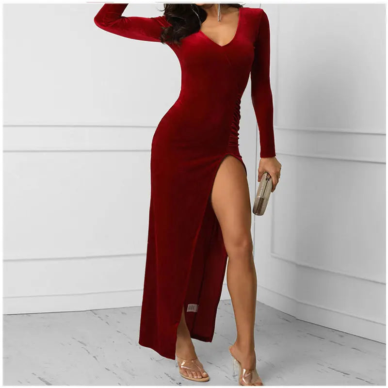 Autumn Burgundy Women Velvet Maxi Dresses Casual Long Sleeve High Elastic Bodycon Dress Vintage Sexy V-Neck Party Long Dresses