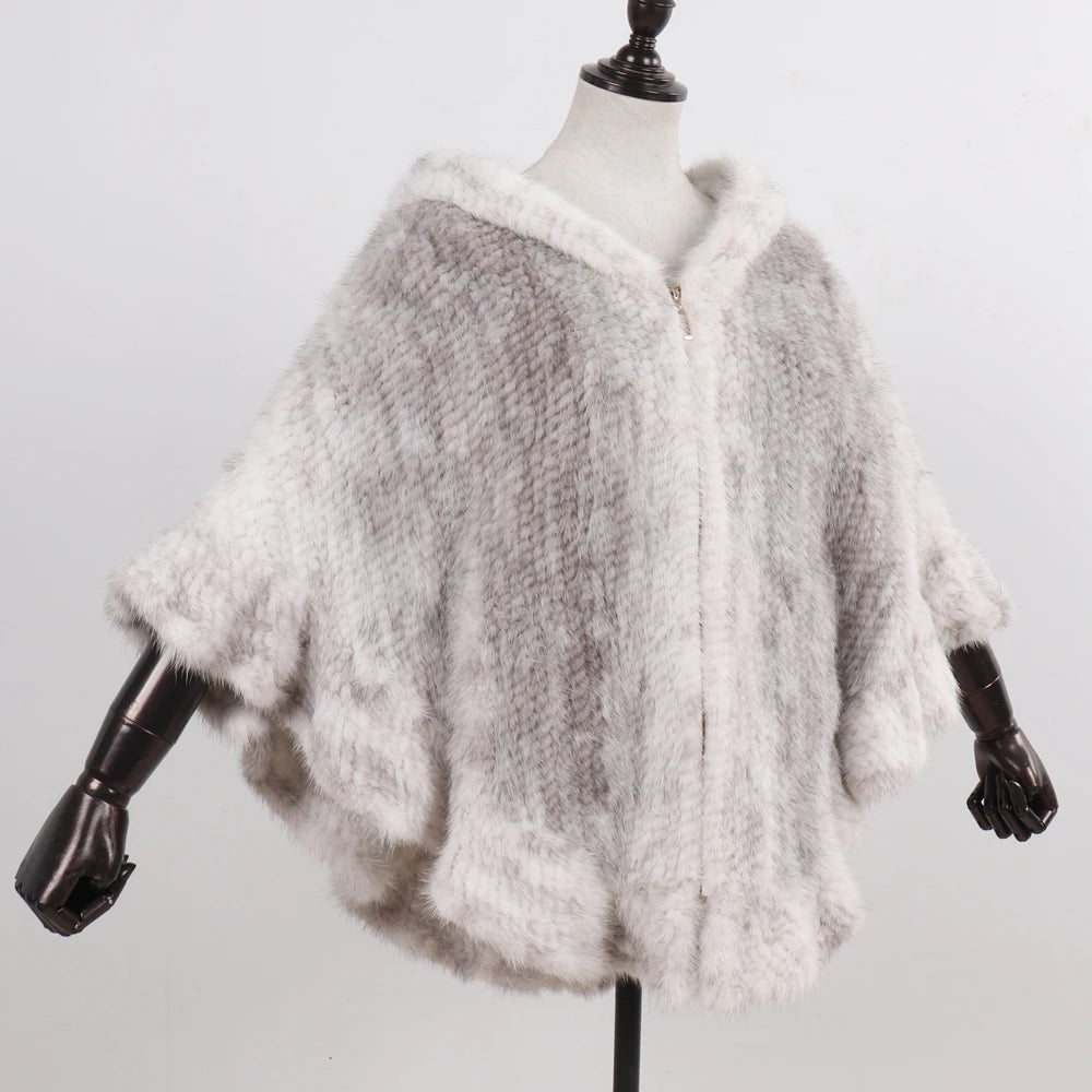 Hot Sale Women Natural Mink Fur Hooded Pashmina Coat 100% Genuine Mink Fur Shawl Lady Luxury Hand Knitted Real Mink Fur Poncho