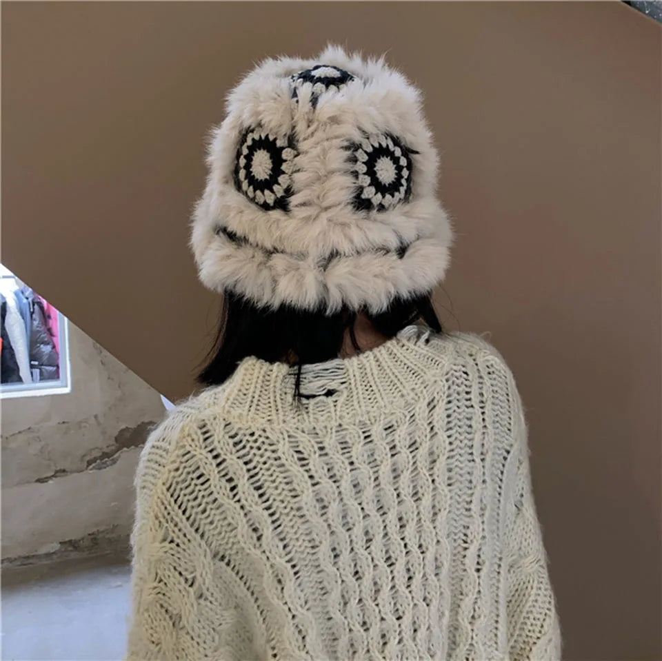 2021 Handmade hook flower 100% Natural Fur Hats Knitted Warm Genuine Mink Fur Cap Russian Women Luxury Panama Fur Hat wool kpop