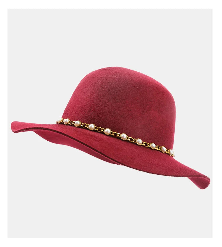 USPOP Autumn Winter Women Wool Fedoras Female Casual Pearl Chain Red Fedora Hat