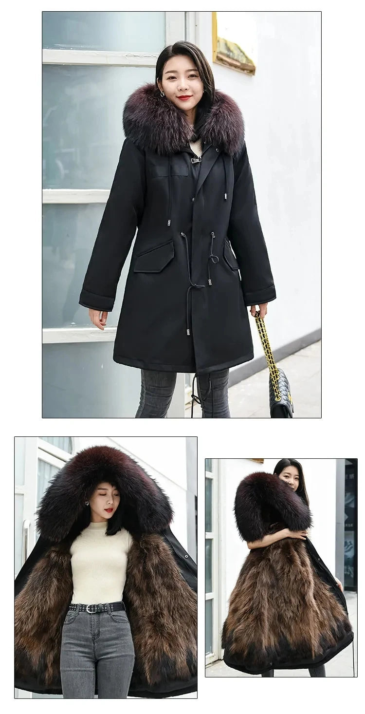 HANZANGL Women Fur Coat 2022 Winter New Real Raccoon Fox Fur Detachable Liner Long Parkas Women Clothing 12 Color  S-4XL