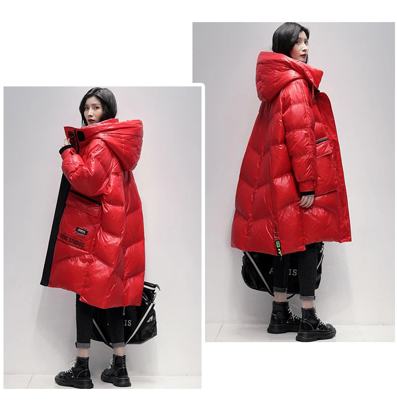 Winter Black Long 90% White Duck down Jacket Women Streetwear 2024 New Fashion Loose Letter Windproof Parkas Hooded Down Coats