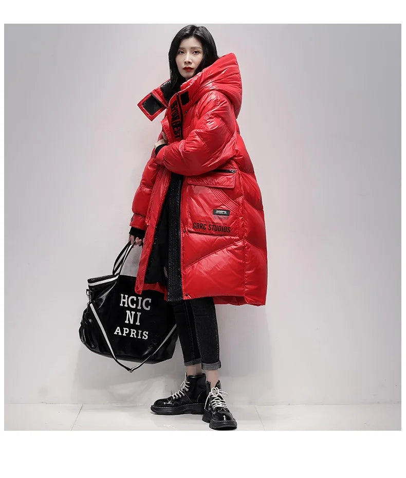 Winter Black Long 90% White Duck down Jacket Women Streetwear 2024 New Fashion Loose Letter Windproof Parkas Hooded Down Coats