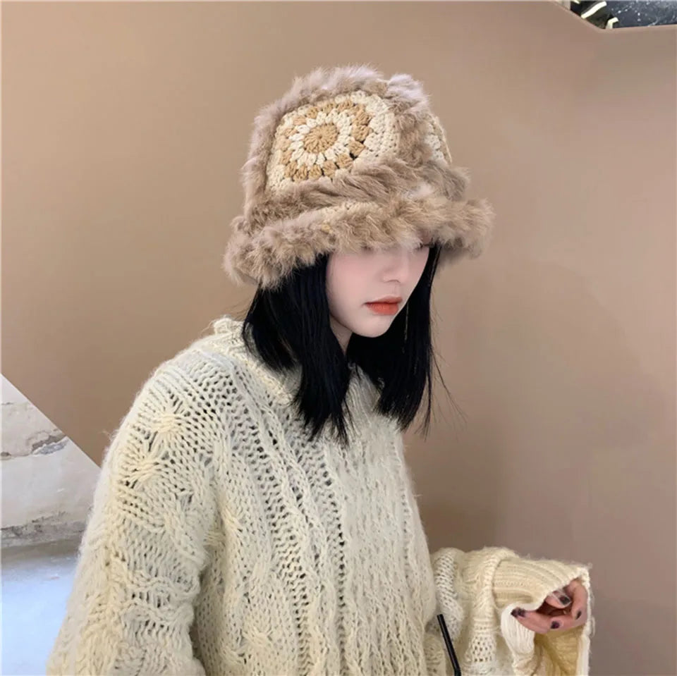 2021 Handmade hook flower 100% Natural Fur Hats Knitted Warm Genuine Mink Fur Cap Russian Women Luxury Panama Fur Hat wool kpop