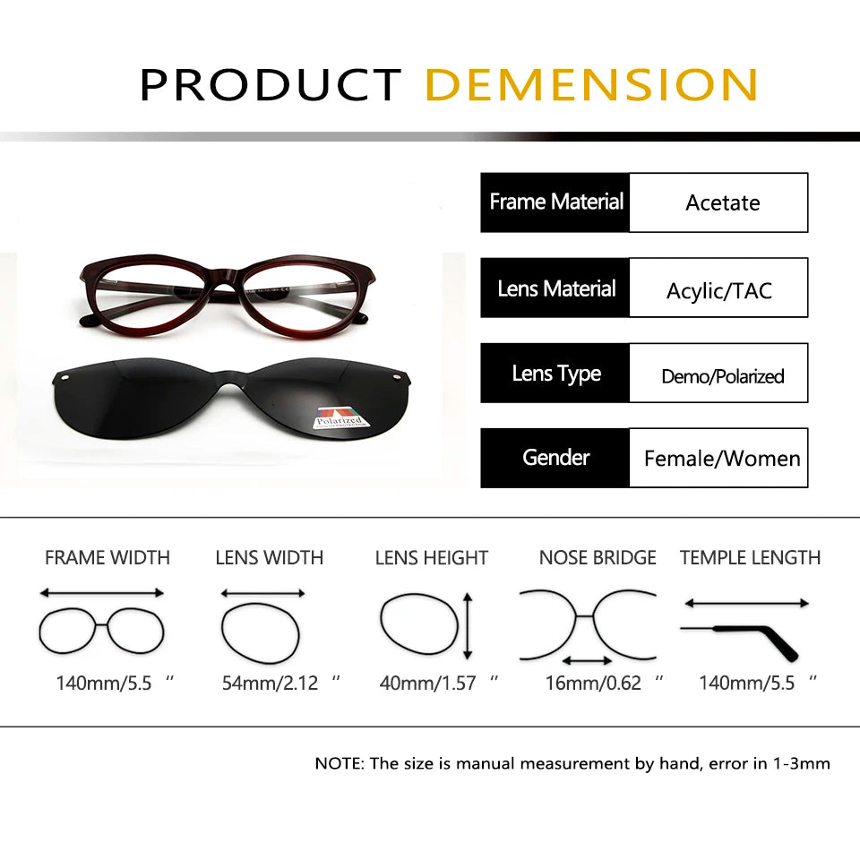 Polaroid Cat Eye Magnet Sunglasses Acetate Women Polarized Clip On Glasses Frame Uv400 Prescription Optical Myopia Eyewear