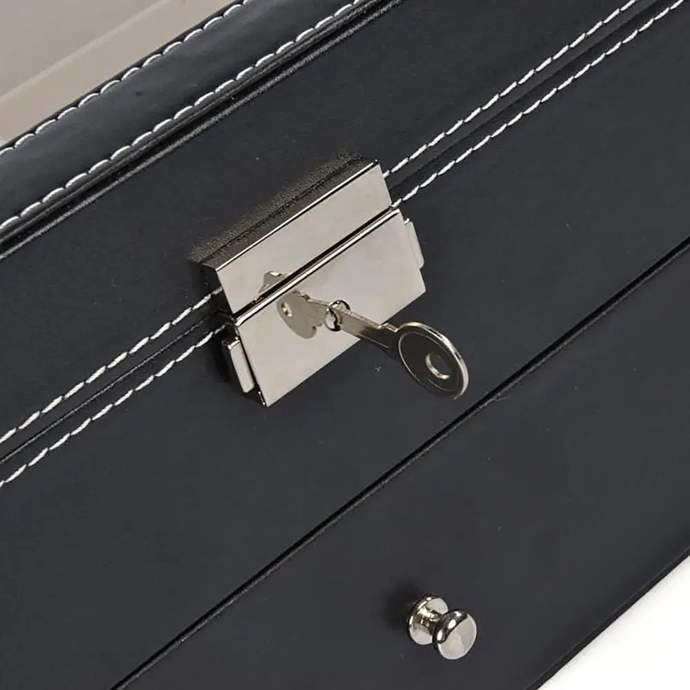 12 Grids Black Sunglass Organizer Leather Eyeglasses Collector Double-Layer Eyewear Display Case Lockable Storage Box