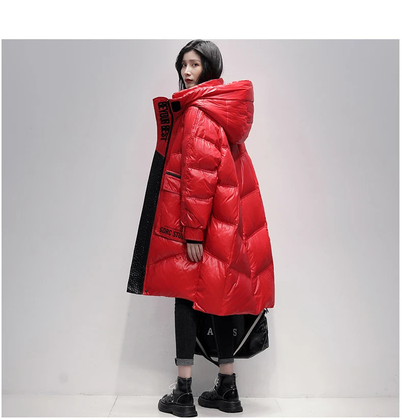 Winter Black Long 90% White Duck down Jacket Women Streetwear 2024 New Fashion Loose Letter Windproof Parkas Hooded Down Coats