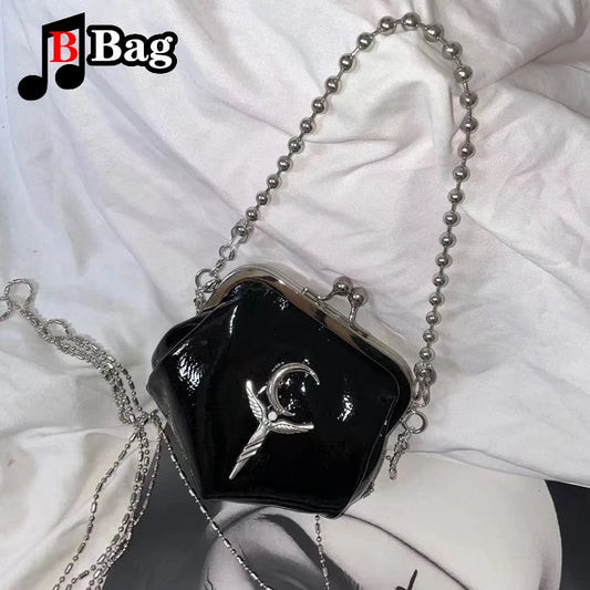 Harajuku Y2K Womens Mini Wallet Handbag Hot Girl Bright PU leather shoulder bag Lady Retro Bead chain Clip bag Tote