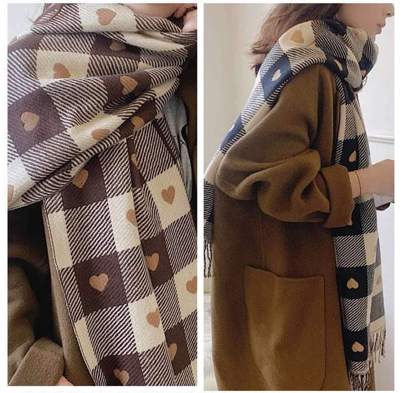 Fashion Winter Cashmere Scarf Women 2022Design Warm Pashmina Blanket Plaid Heart Scarves Female Shawl Wrap Thick Foulard Bufanda