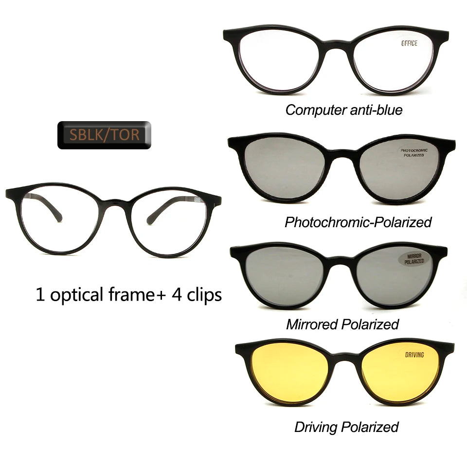 4 clips Brand Magnet Polarized Clip On Sunglasses Round Women Ultem Computer Glasses Men Anti  Blue Light Glasses Prescription