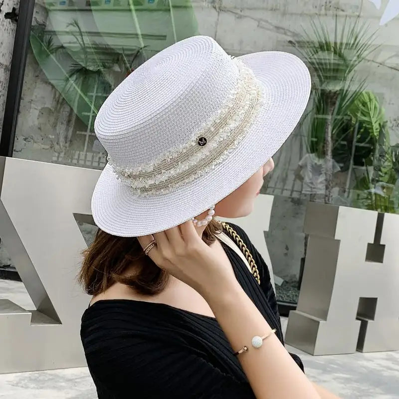 NEW Letter M Straw Hat Lady Black British Style Cap Beach White Women Flat Top  Female Wide Brim Outdoor Sunhat