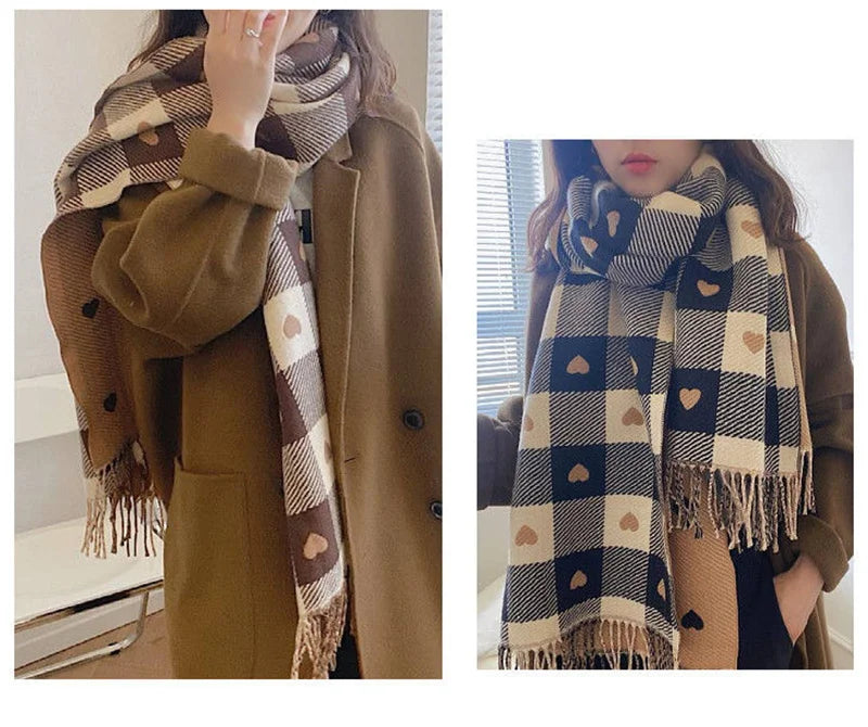 Fashion Winter Cashmere Scarf Women 2022Design Warm Pashmina Blanket Plaid Heart Scarves Female Shawl Wrap Thick Foulard Bufanda