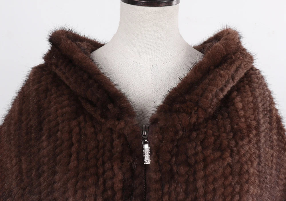 Hot Sale Women Natural Mink Fur Hooded Pashmina Coat 100% Genuine Mink Fur Shawl Lady Luxury Hand Knitted Real Mink Fur Poncho
